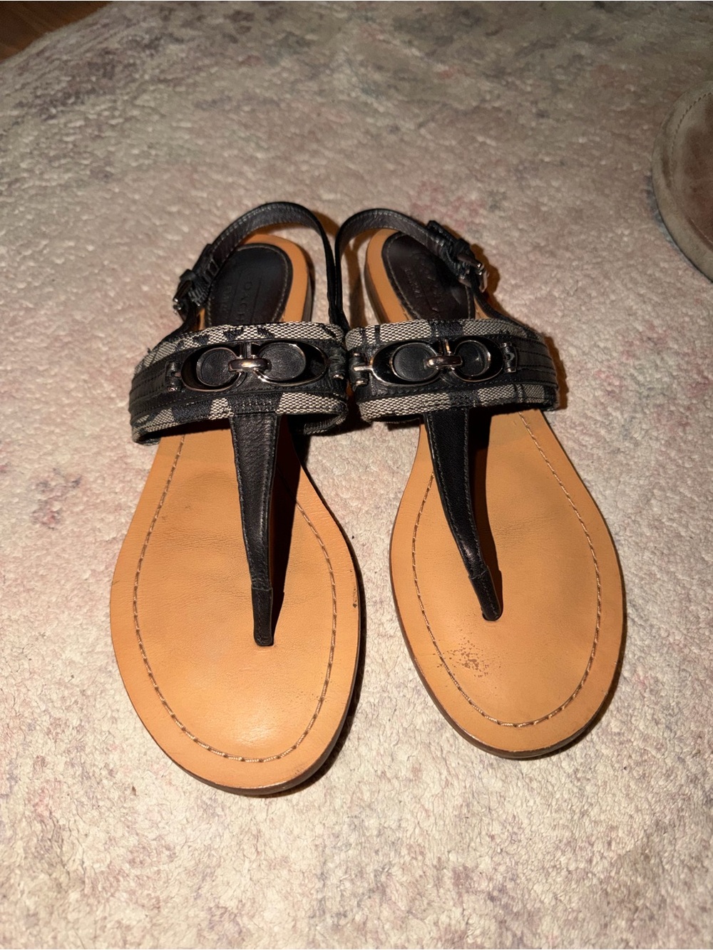 Coach Black and Tan T-Strap Sandals with Signature Accent